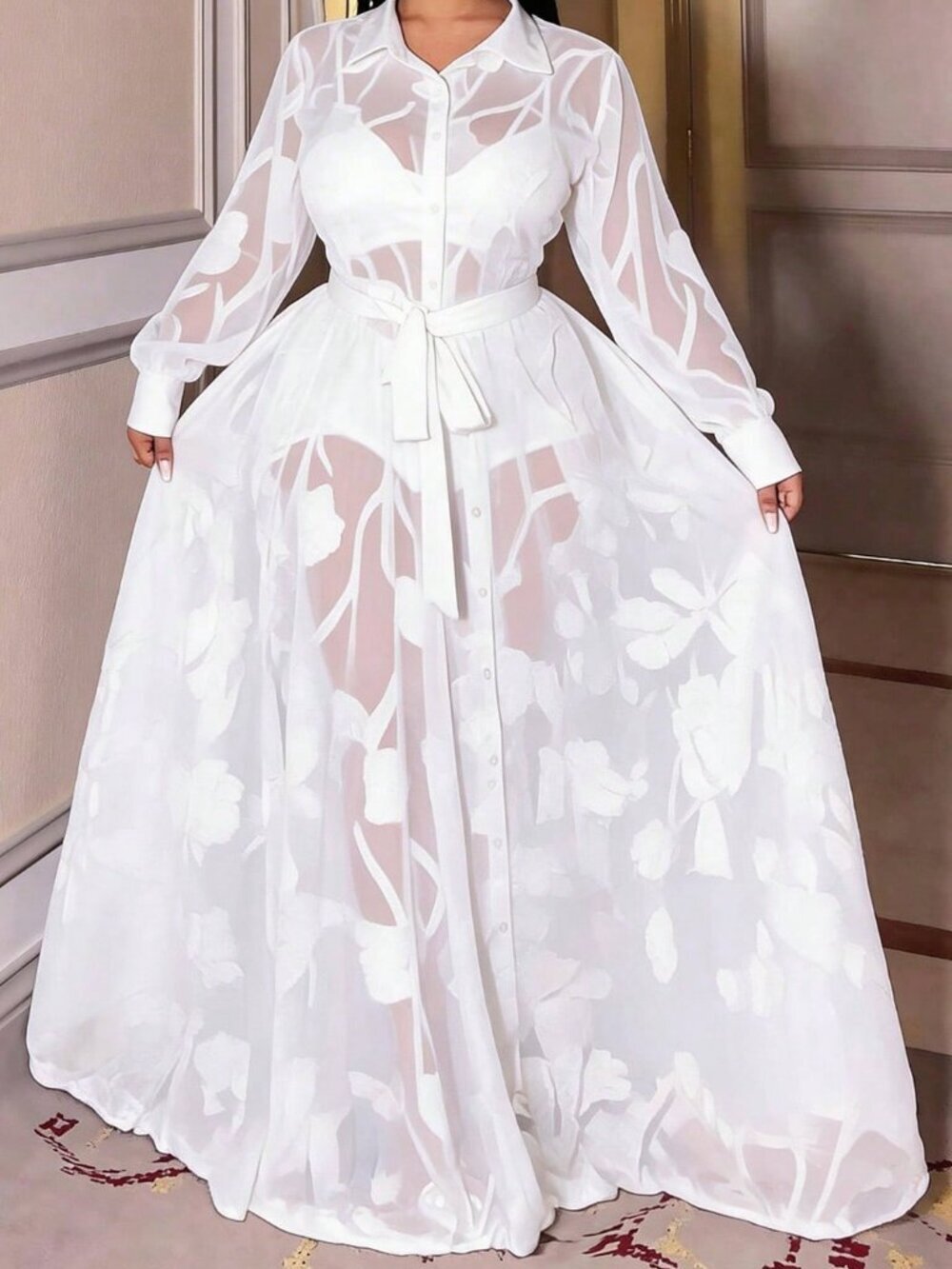 Elegant Women's Plus Size Long Sleeve Front Button Sheer maxi Dress -White - Picture 4 of 7